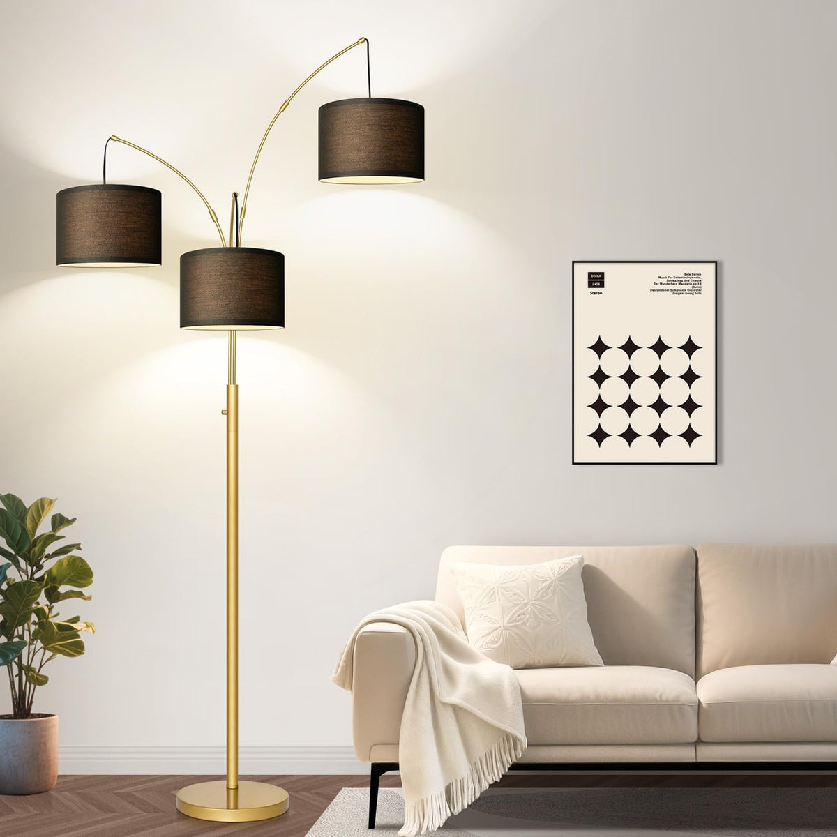 Dimmable Floor Lamp - 3 Lights Gold Arc Floor Lamps for Living Room, 1000LM Modern Tall Standing Lamp With Black Shades&Heavy Base, Mid Century Tree Floor Lamp for Bedroom Office, 3 LED Bulbs Included