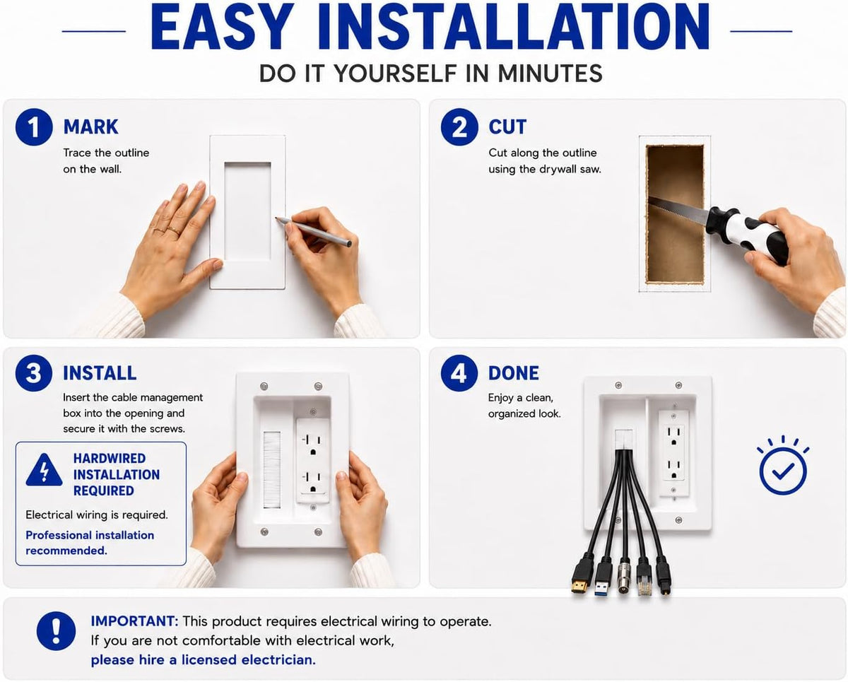 Premium in Wall TV Cable Management Kit for 65+ Inch Smart TVs with Recessed Triple Outlet Box, Wire Hider, Pass Through Plate, Low Voltage Cable Plate, Wire Concealer, Home Theater DIY