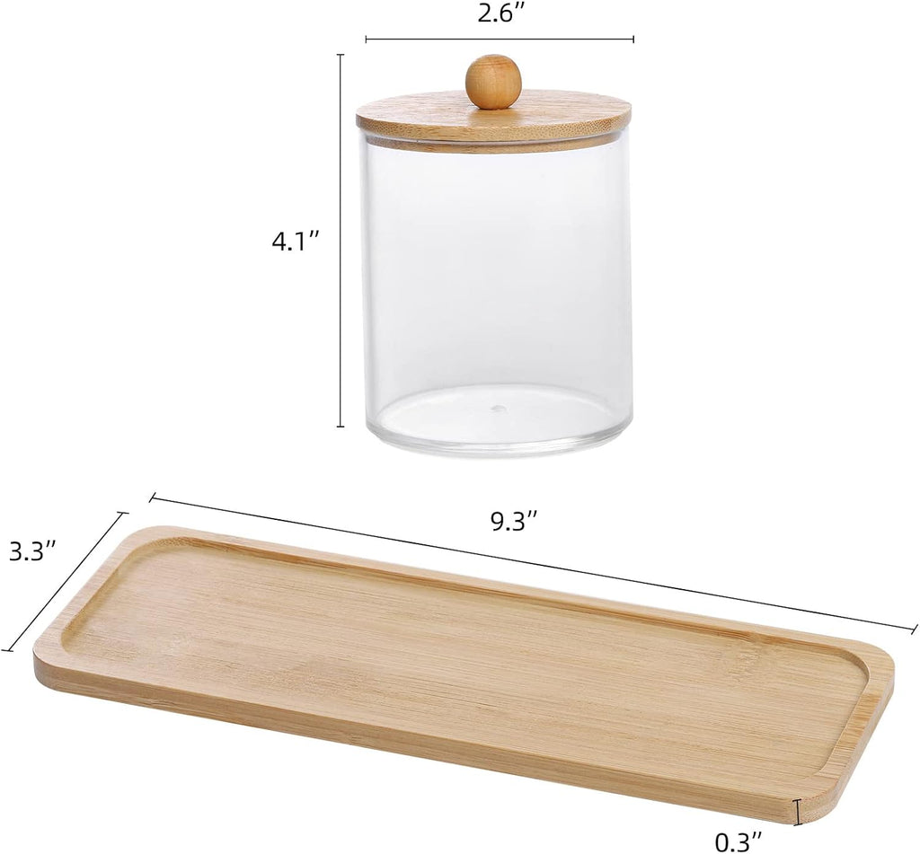 Tbestmax 10 Oz Cotton Swab/Ball/Pad Holder with Vanity Tray, Qtip Apothecary Jar, Clear Bathroom Containers Dispenser for Storage 3 Pack Wood Lids
