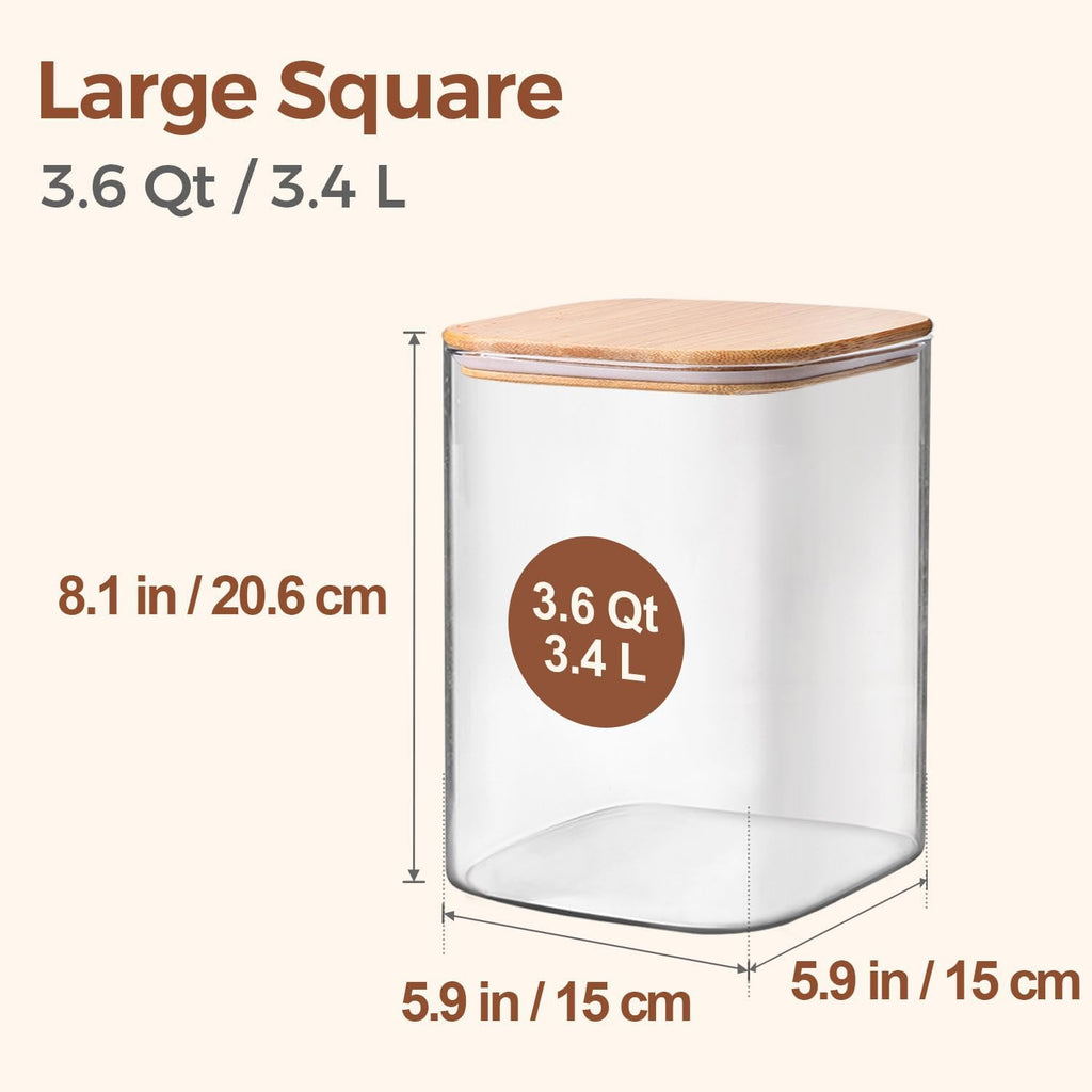 ComSaf Glass Storage Jars with Bamboo Lids 3.6 Qt Large Pantry Square