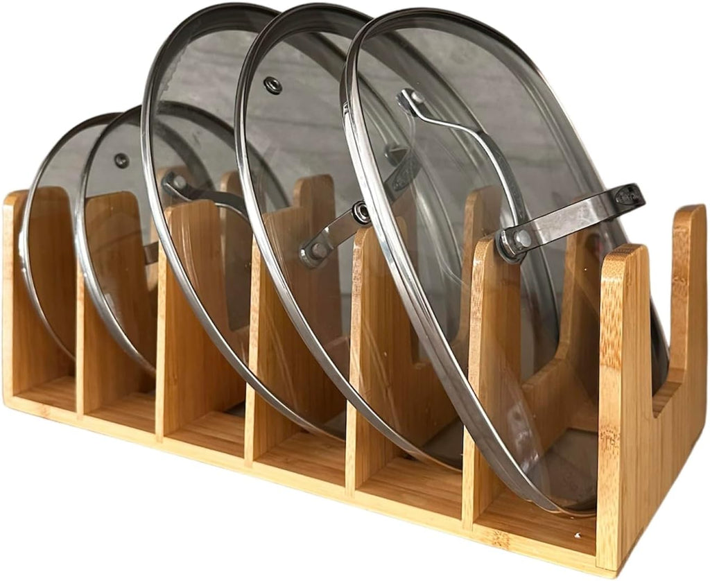 Kitchen Cabinet Organizer - Sturdy Bamboo Pot and Pan Organizer for Under Cabinet - Multiuse Lid Organizer - Durable & Minimalist Lid Holder