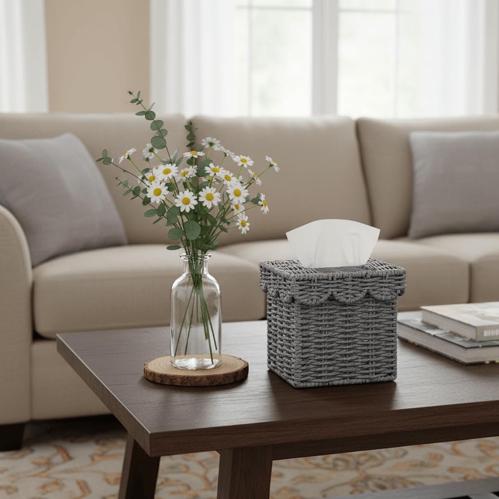 CubesLand Square Wicker Tissue Box Cover W/Scalloped Lid for Home Decor