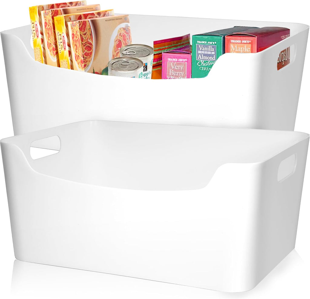 FINESSY White Plastic Storage Bins for Pantry with Handle 2 Pack White Bins