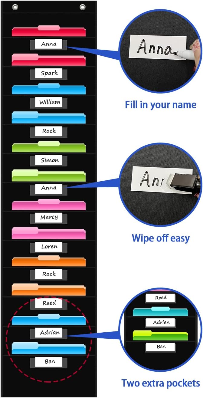 REGELETO 12 Pockets File Storage Pocket Chart with 12 Nametag Pockets,Hanging Wall File Organizer for Classroom and Office, Organize Your Assignments, Files, Scrapbooks, Paper (Black)