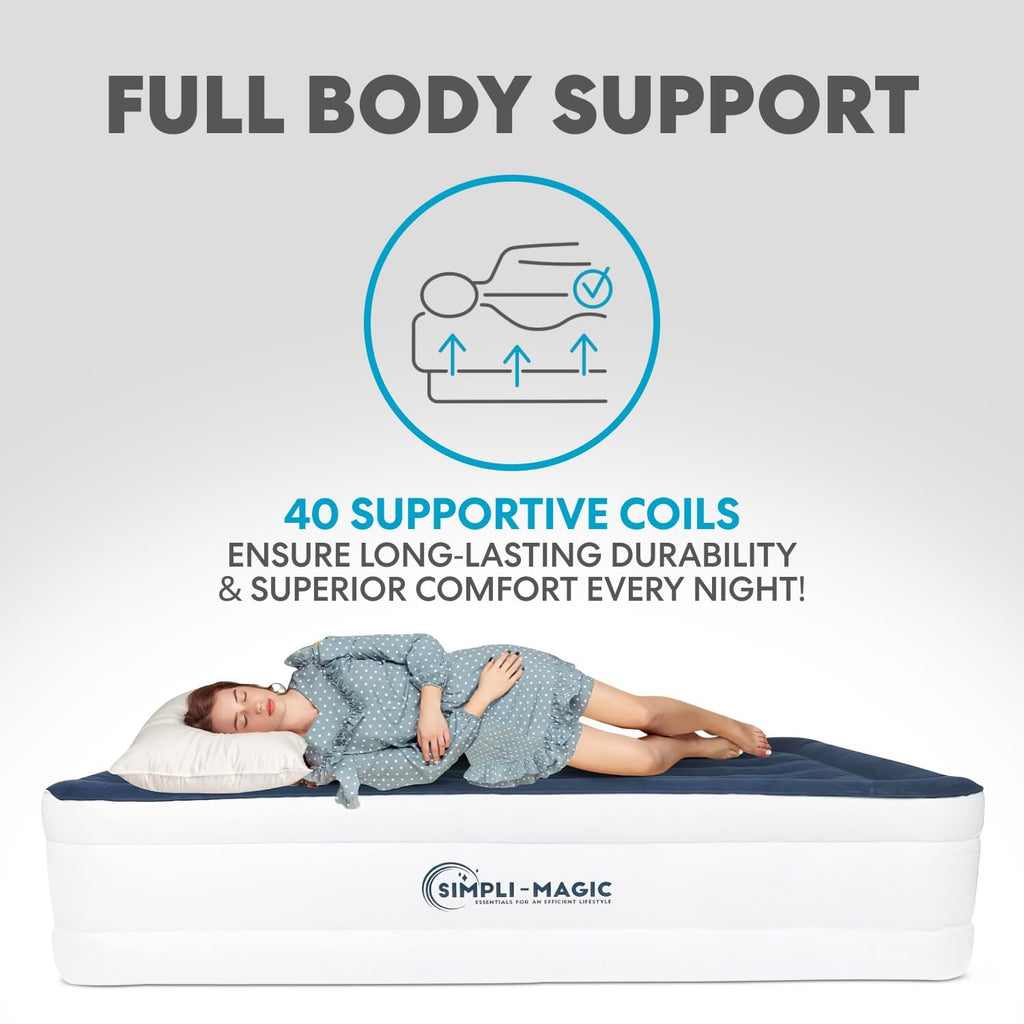 Simpli-Magic Premium Collection Luxury Air Mattress, Built-in High Capacity Pump for Home and Camping- Double Height, Adjustable, Inflatable Blow Up, Portable - Full Size