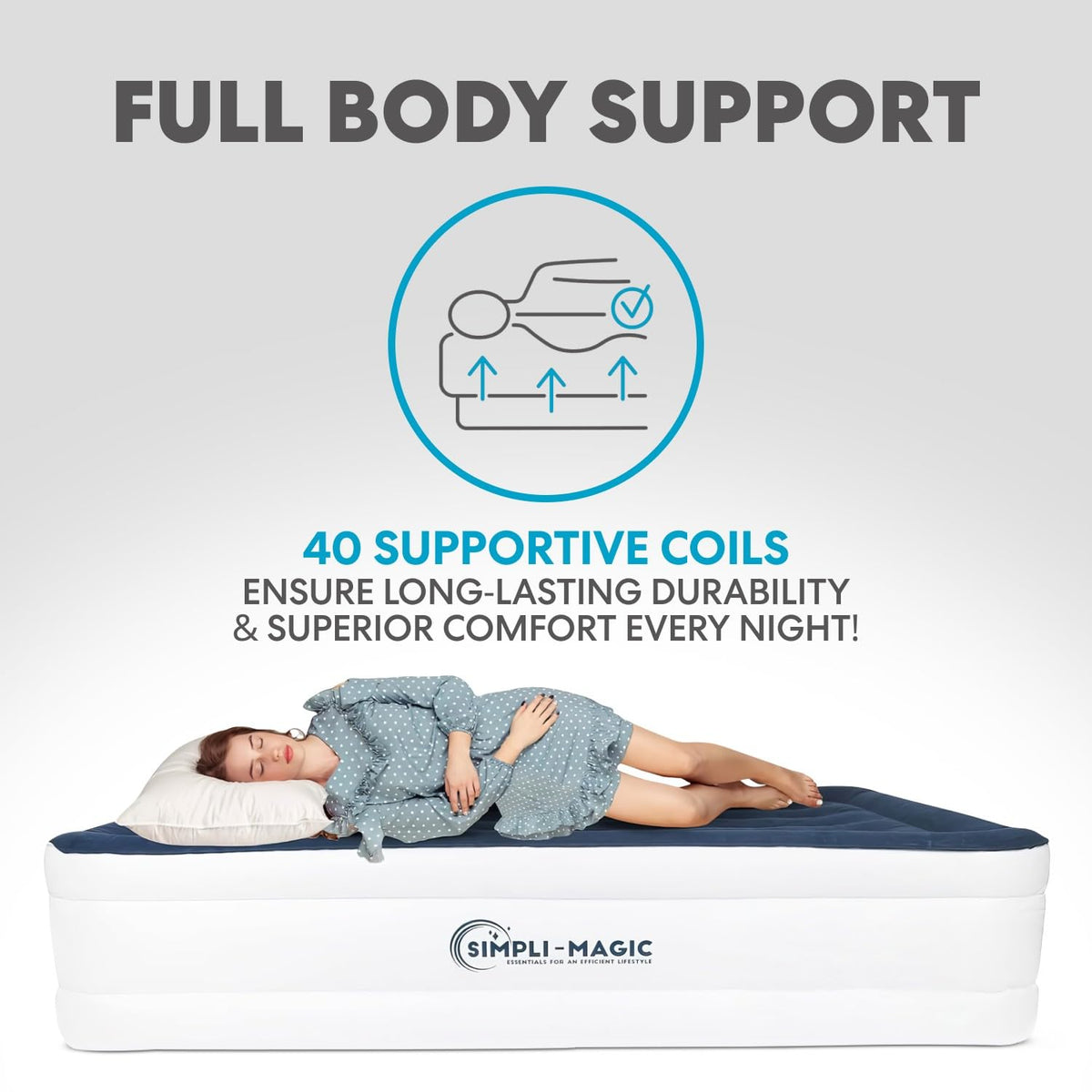 Simpli-Magic Premium Collection Luxury Air Mattress, Built-in High Capacity Pump for Home and Camping- Double Height, Adjustable, Inflatable Blow Up, Portable - Full Size