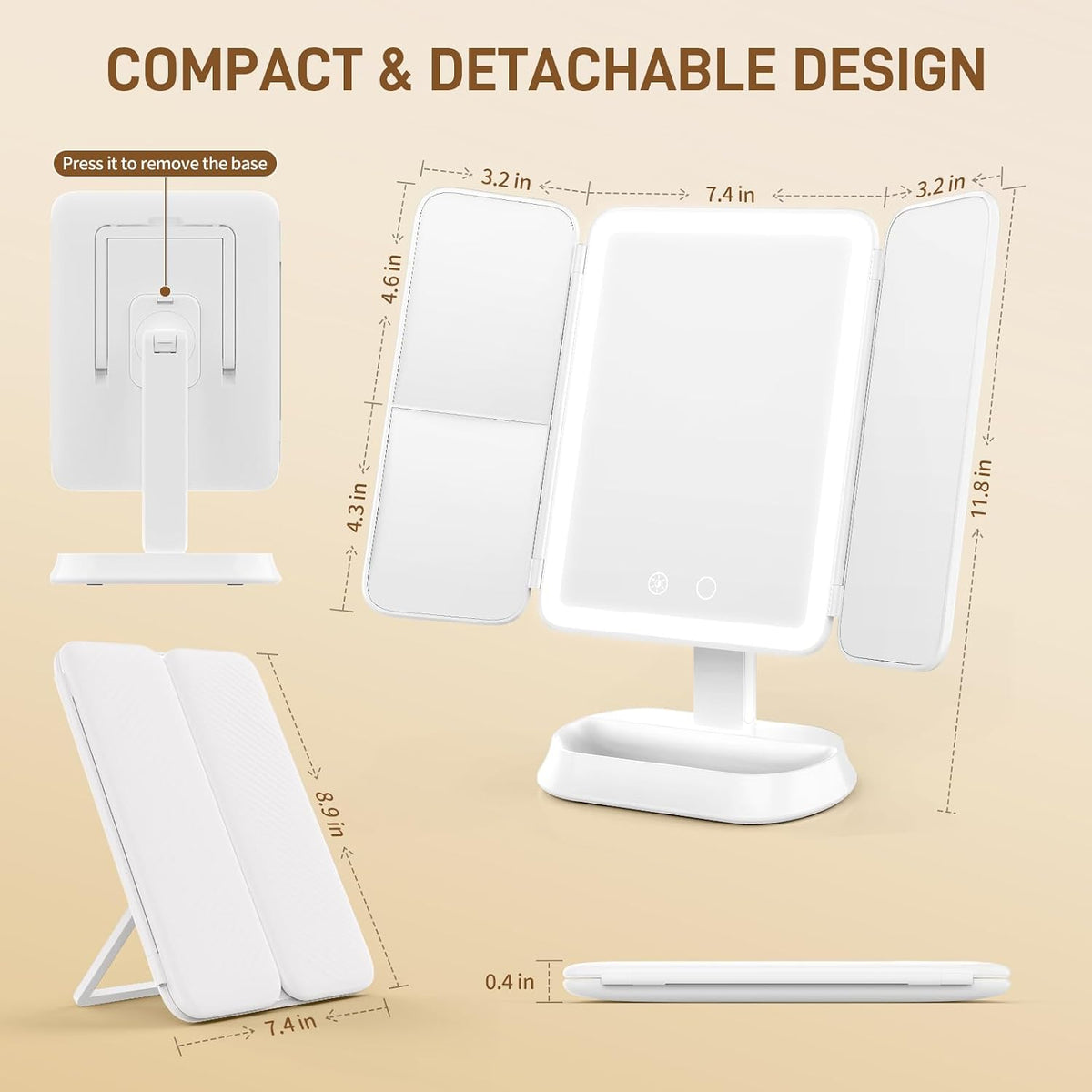 FRANO Trifold Makeup Mirror with Light, 3X/5X Magnifying Vanity Mirror,