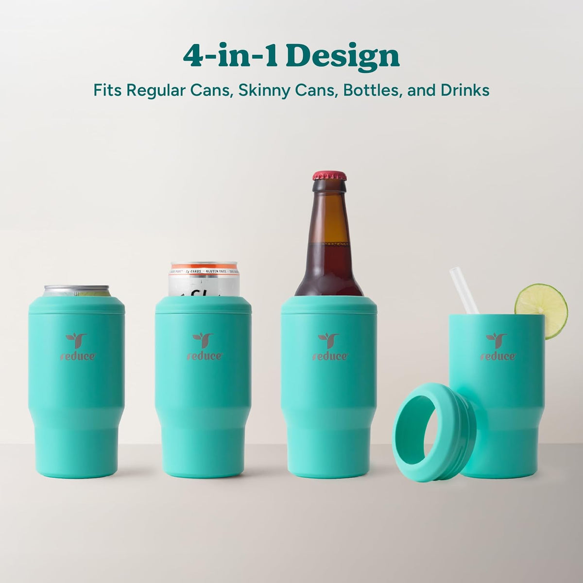 Reduce 4-in-1 Drink Cooler - Versatile Can & Bottle Holder with Vacuum Insulation - Keeps Drinks Cold Up to 4 Hours - Includes Bottle Opener - Fits Cupholders & Dishwasher Safe - 14oz - Daiquiri