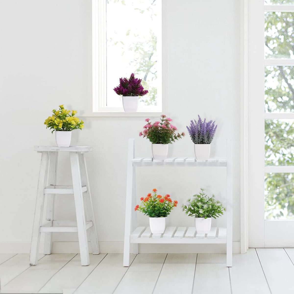 Yoratee 6 Pack Small Fake Plants Mini Artificial Faux Flowers with Pot Mini Potted Plants for House Office Desk Tabletop Decoration