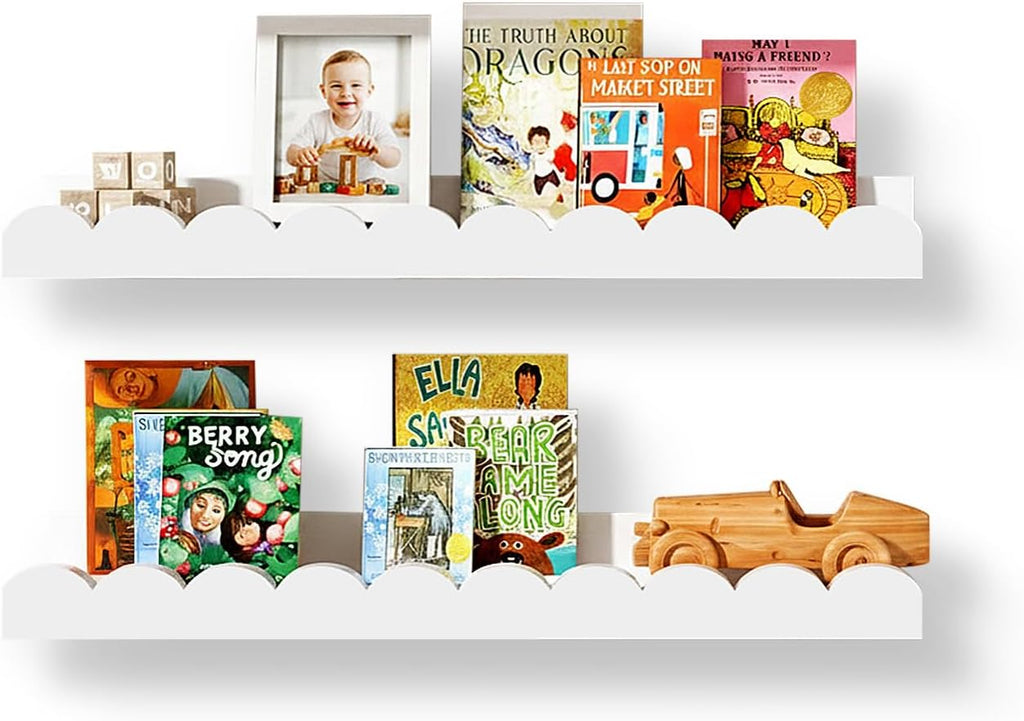 White Scalloped Nursery Shelves for Wall, 4-Pack Floating Book Shelves for Kids Room, Wall Mounted Kids Bookshelves for Bedroom, Playroom, Book and Decor Display