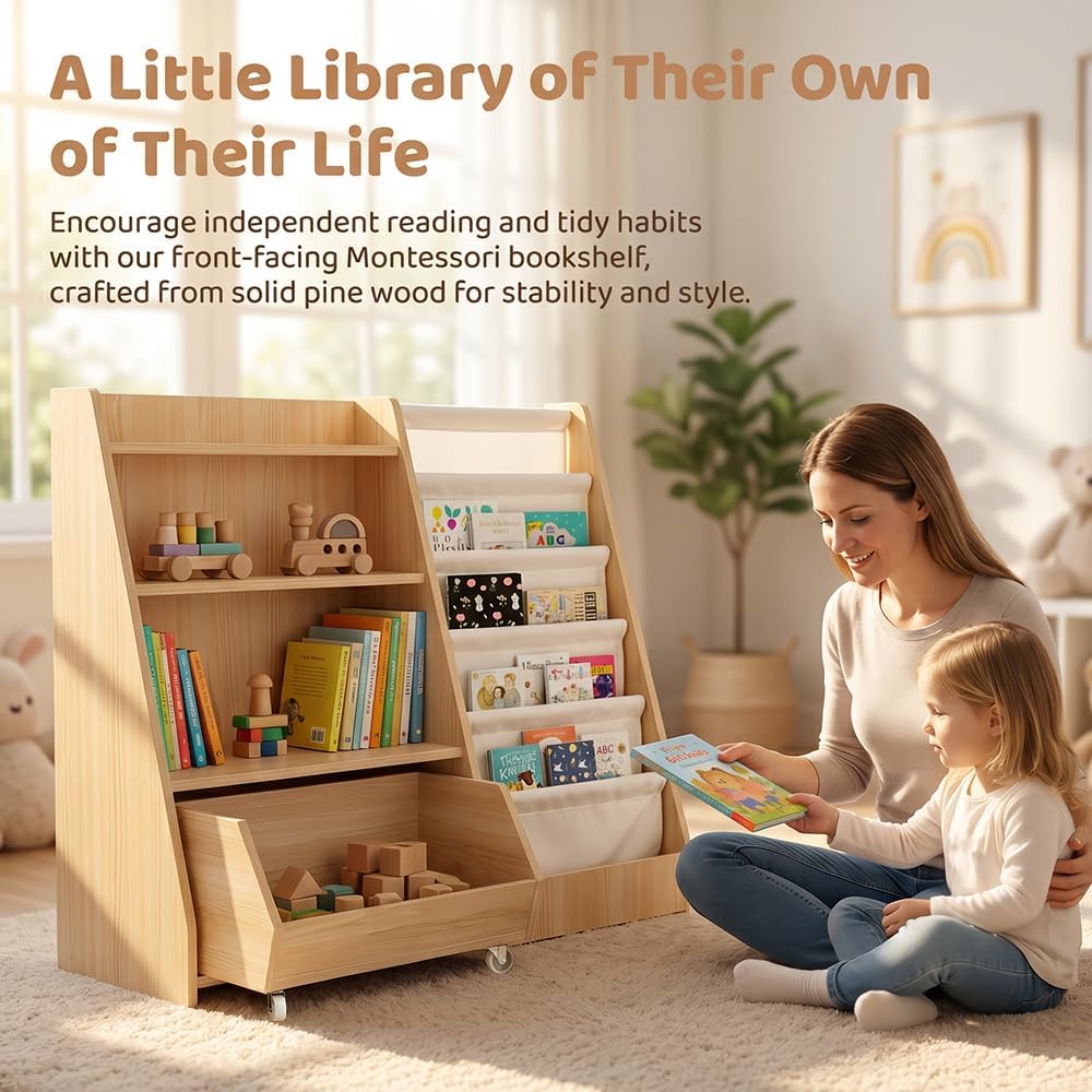 Kids Bookshelf and Toy Storage - Wooden Toddler Book Shelf with Drawer
