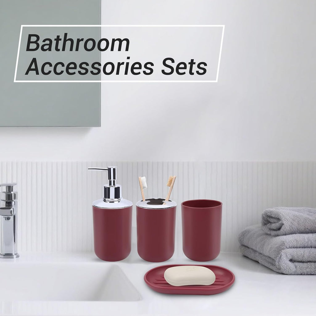 LGURT Red Bath Accessories Set — 4-Pc Dispenser, Toothbrush Holder & Cup