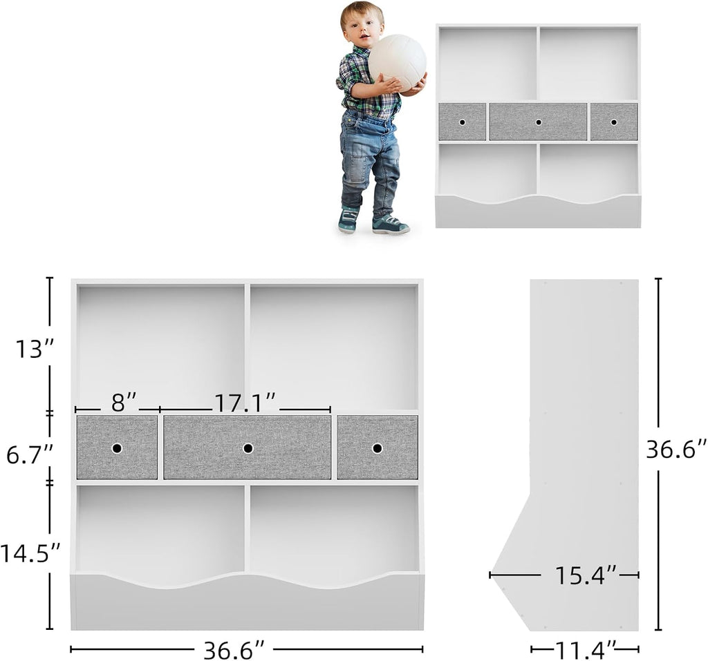 IDEALHOUSE 3-Tier Kids Bookshelf, Toy Storage Organizer with 3 Drawers,Wooden Bookcase with Large Toy Storage Cabinet for Playroom, Hallway, Kindergarten, School Toy Shelf Organization,(White)