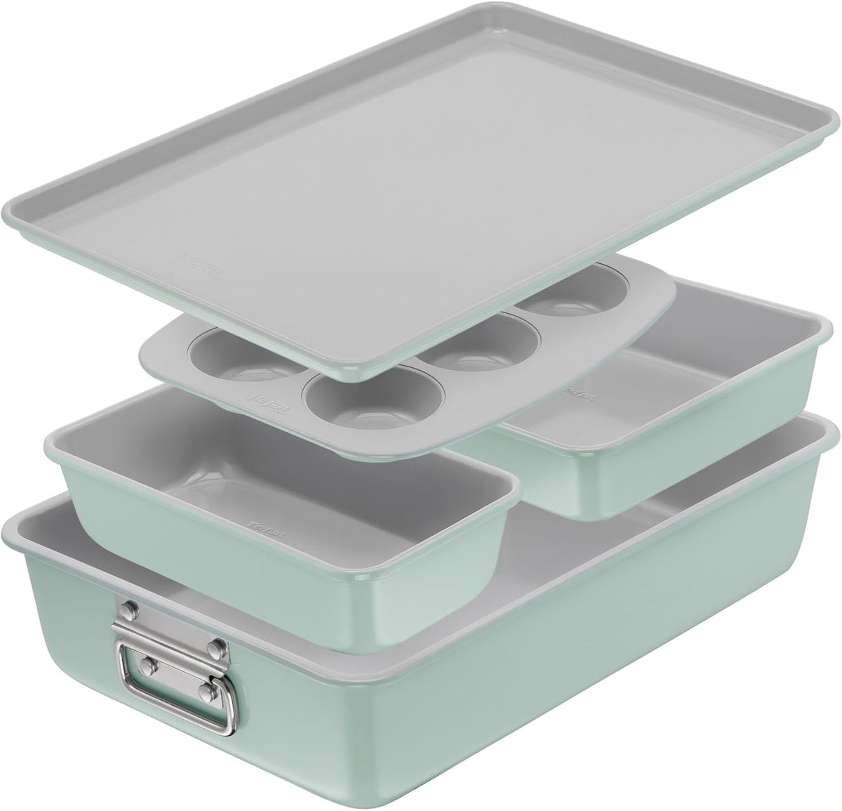 T-fal Refresh Ceramic Nonstick Baking Pans Set (5 Pieces), Roaster, 6-Cup for Muffins, Loaf, Square Baking Sheets Non Stick, Stackable Bakeware Sets, Mint Green