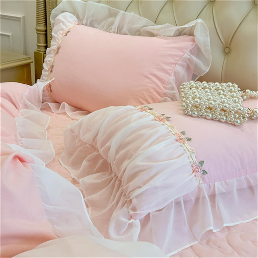 MOOWOO Pink Bedding-Romantic Ruffle Lace Bedding Set 2 Piece Comforter Twin Duvet Cover with Zipper Closure,Aesthetic Room Decor for Girls-Pink,Twin Size