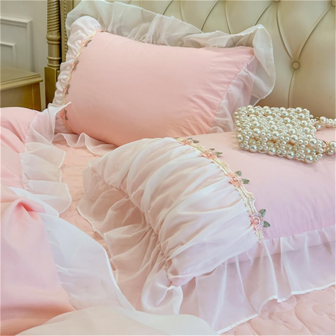 MOOWOO Pink Bedding-Romantic Ruffle Lace Bedding Set 2 Piece Comforter Twin Duvet Cover with Zipper Closure,Aesthetic Room Decor for Girls-Pink,Twin Size