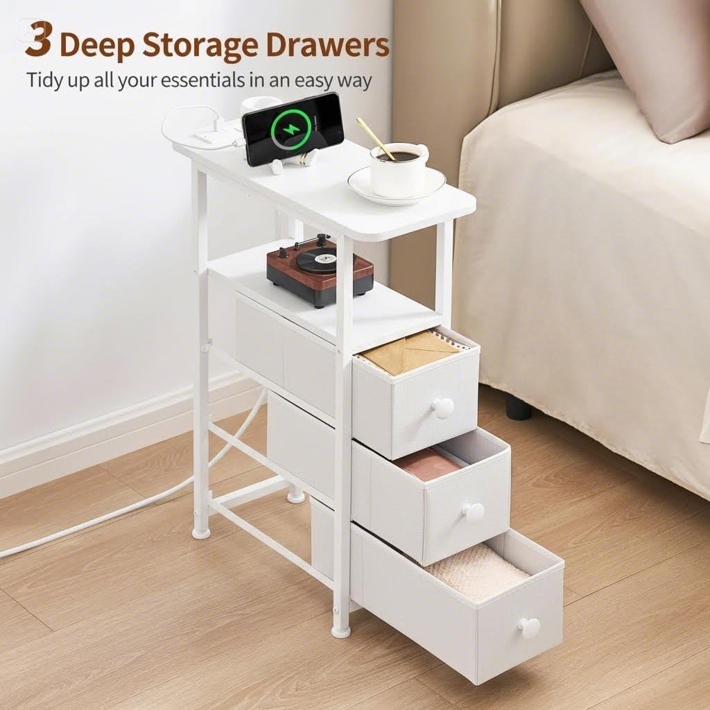 DALEMHOME Narrow End Table with Charging Station, Narrow Side Table with Drawer, Small Nightstand with LED Light, Skinny Nightstand, Small Bedside Table for Living Room, Bedroom, Couch, White