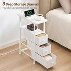 DALEMHOME Narrow End Table with Charging Station, Narrow Side Table with Drawer, Small Nightstand with LED Light, Skinny Nightstand, Small Bedside Table for Living Room, Bedroom, Couch, White