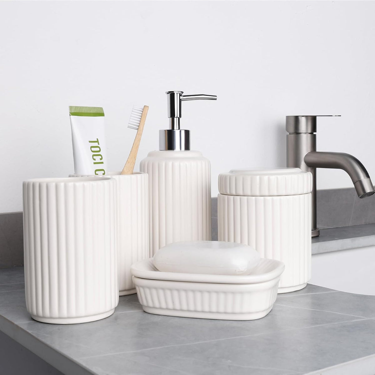 White Bathroom Accessory Set 5PCS, Ceramic Bathroom Accessories Set, Classic Design Bathroom Accessories Sets Complete, Home Apartment Modern Bathroom Decor Vanity Countertop, ANTIS'S HOME