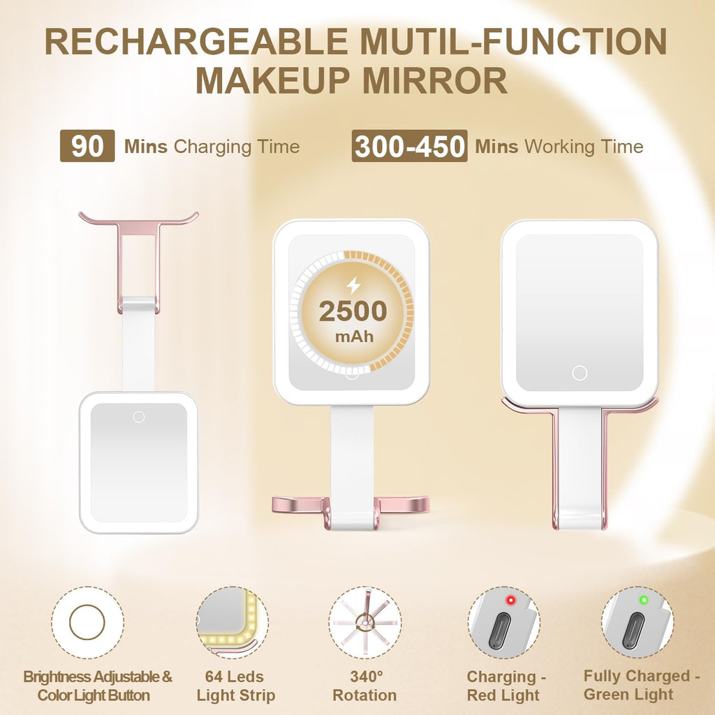 Mocado Travel Makeup Mirror with Light, 1x/10x Magnifying Mirror With Light, 3 Colors Lighted Magnifying Mirror, 2000mAh Rechargeable Lighted Makeup Mirror, Dimmable Touch, Memory Function (Rose Gold)
