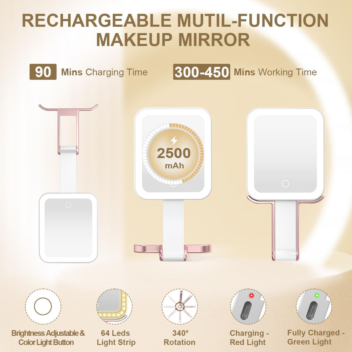 Mocado Travel Makeup Mirror with Light, 1x/10x Magnifying Mirror With Light, 3 Colors Lighted Magnifying Mirror, 2000mAh Rechargeable Lighted Makeup Mirror, Dimmable Touch, Memory Function (Rose Gold)
