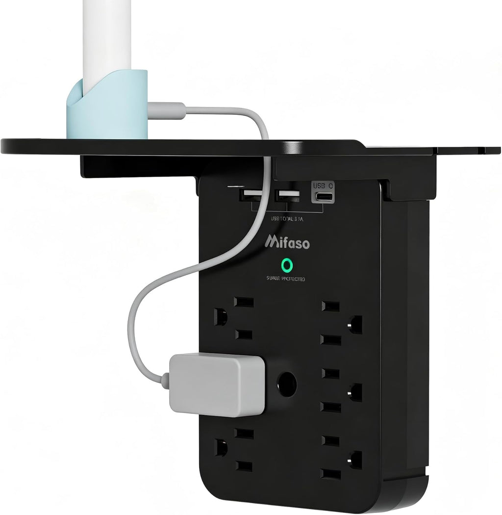 Wall Outlet Extender with Surge Protector, 6 AC Outlets, with Shelf