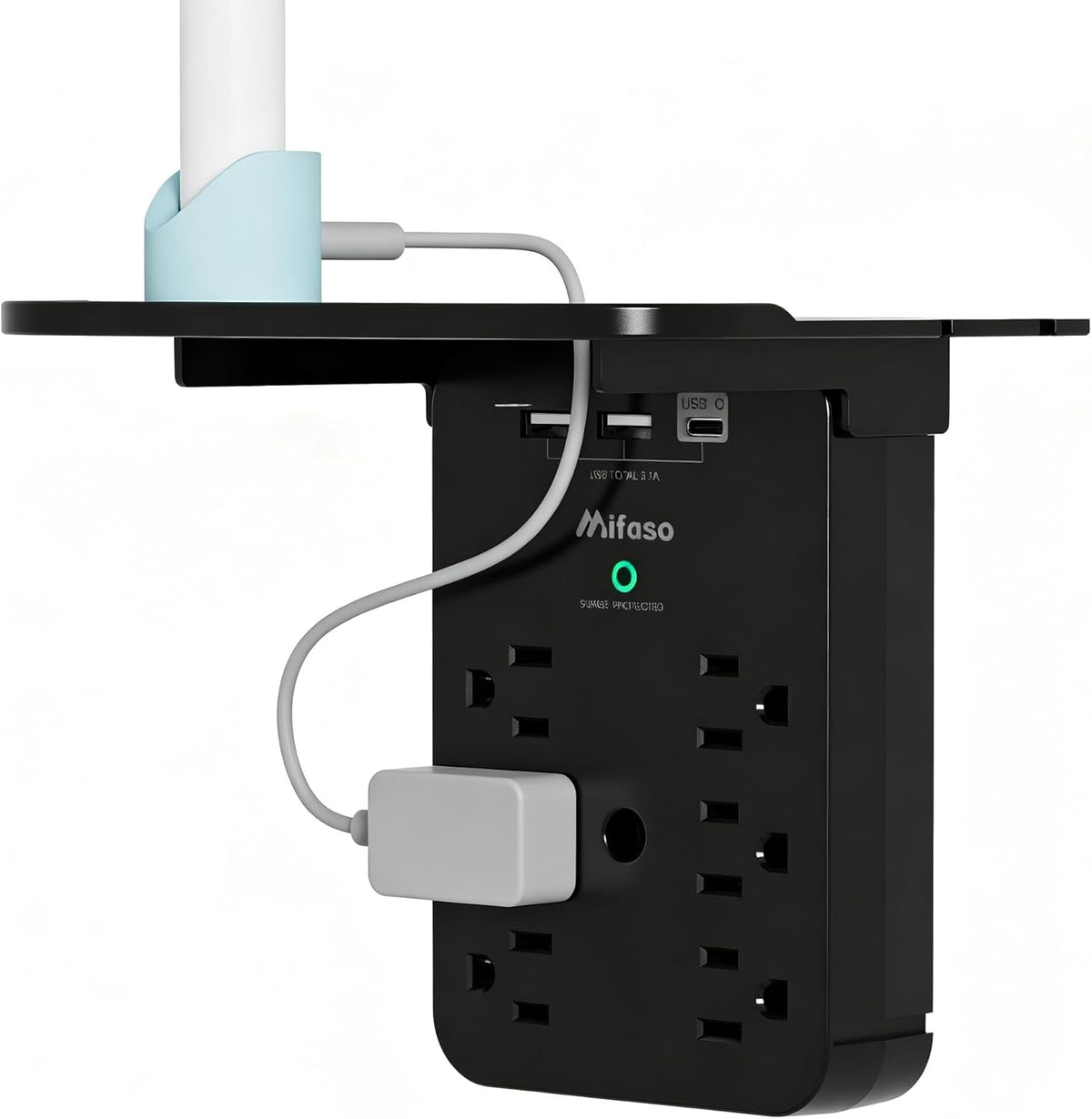 Wall Outlet Extender with Surge Protector, 6 AC Outlets, with Shelf