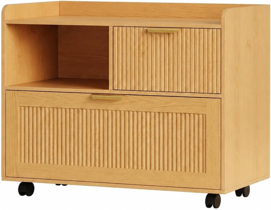 Lateral File Cabinet with Fluted Drawers, White Wooden Office Cabinet with Storage, Rolling Printer Stand with Drawers, Mobile File Cabinet for Home Office, Fits A4/Letter/Legal Files