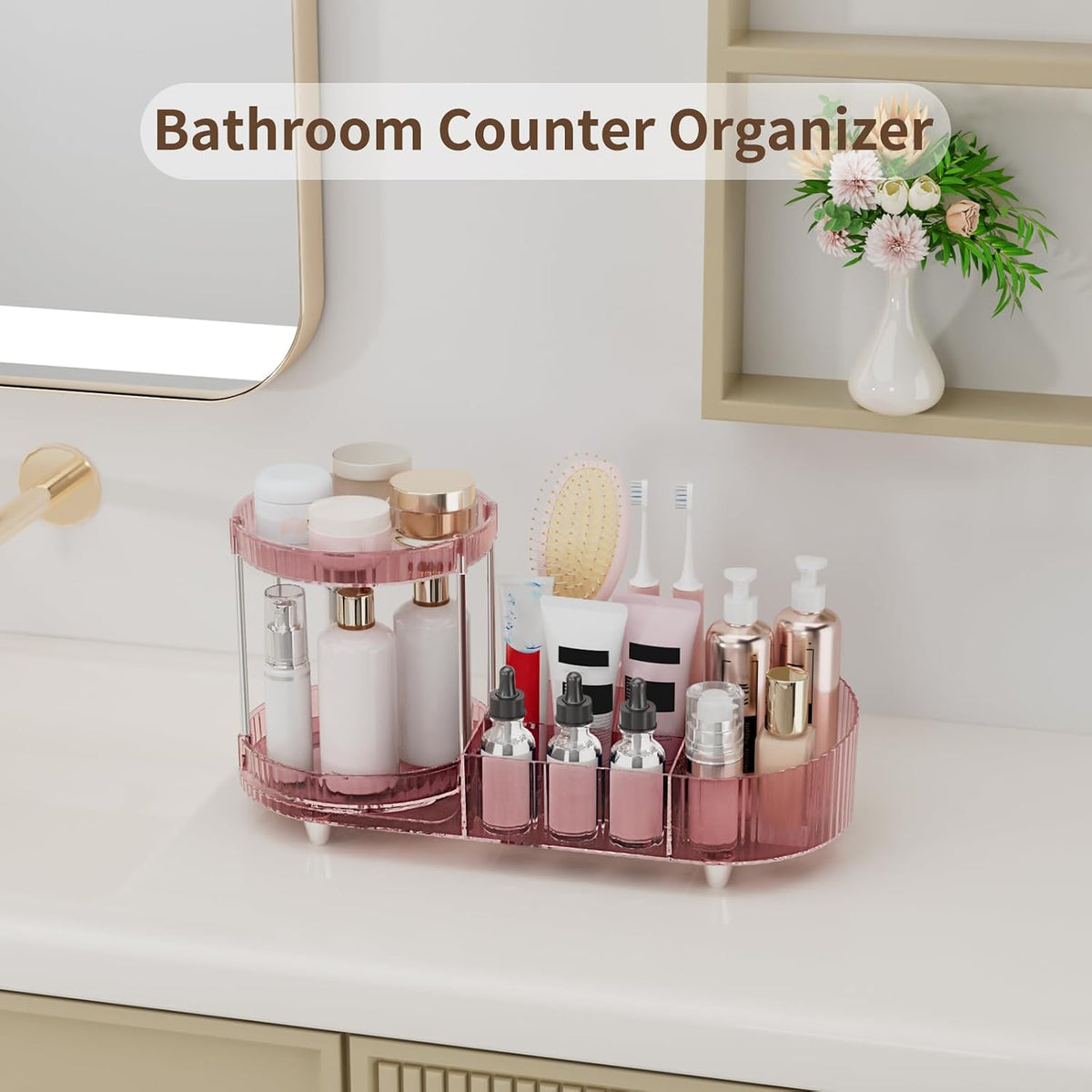 360 Rotating Makeup Organizer for Vanity, 2 Perfume Trays with 5 Compartments Cosmetic & Skincare Storage, Multi-Purpose Countertop Organizers for Bathroom, Desk, Pantry, Space-Saving Beauty Organizer