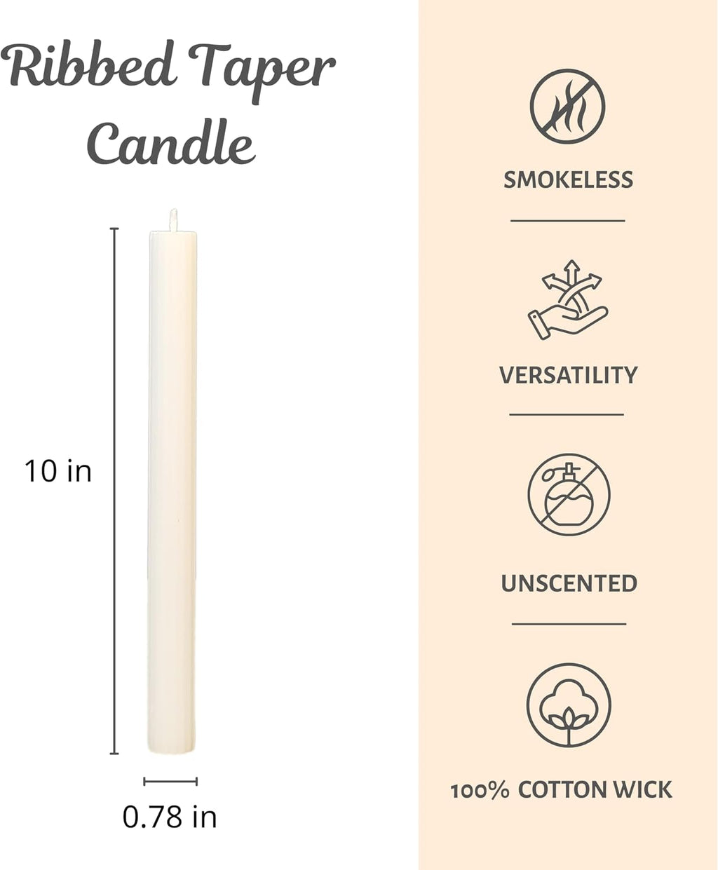 CW Studio 0.78x10 Inch Unscented Ribbed Taper Candles – Elegant Fluted Design, 11-Hour Burn, Dripless, Perfect for Home Decor, Weddings, Events & Dinners (24, White)