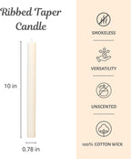 CW Studio 0.78x10 Inch Unscented Ribbed Taper Candles – Elegant Fluted Design, 11-Hour Burn, Dripless, Perfect for Home Decor, Weddings, Events & Dinners (24, White)