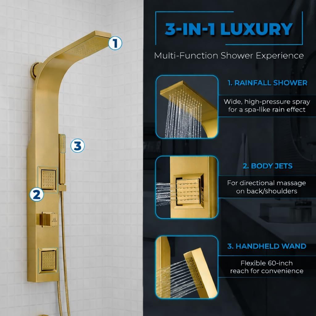 ANZZI 39" Shower Panel, Brushed Gold, Jetted