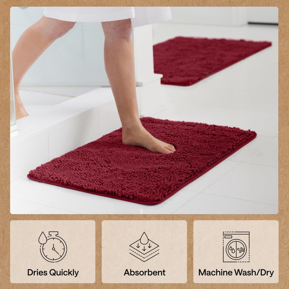 GORILLA GRIP Bath Rug Mat for Bathroom, Absorbent Chenille, 24x17 Burgundy