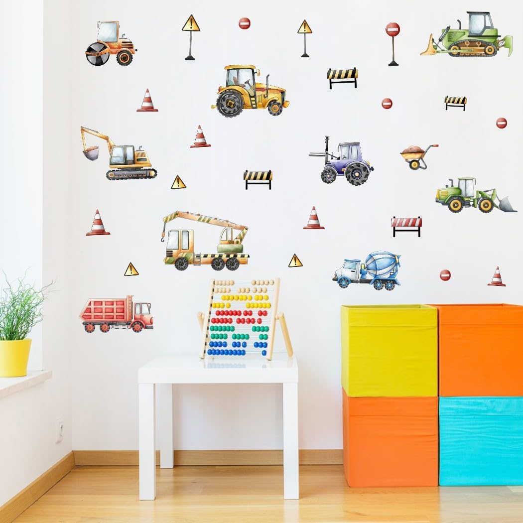 YIMEHDAN Watercolor Transportation Vehicle Wall Decals,Truck Tractor Excavator Bus Vinyl Wall Stickers, Self-Adhesive Cartoon Construction Car Artwork for Boys Bedroom Playroom Decor