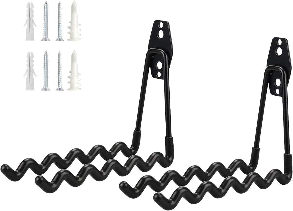 2 PCS Garage Storage Utility Hooks, Heavy Duty Metal Wall Mount Hooks, Wave Hook Garage Garden Tool Organizer, Fit for Cord, Badminton Rackets, Hoses, Bikes, Tools (Black)