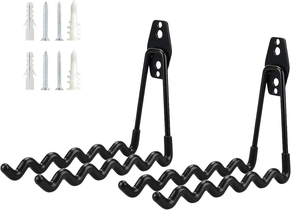 2 PCS Garage Storage Utility Hooks, Heavy Duty Metal Wall Mount Hooks, Wave Hook Garage Garden Tool Organizer, Fit for Cord, Badminton Rackets, Hoses, Bikes, Tools (Black)