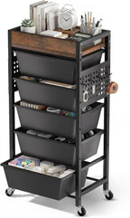 6 Tier Rolling Cart with Drawers, Plastic Drawer Storage Craft Cart with Pegboards & Hooks, Metal Utility Cart with Wheels & Wooden Tabletop, Classroom Office Art Supply Organizers and Storage, White