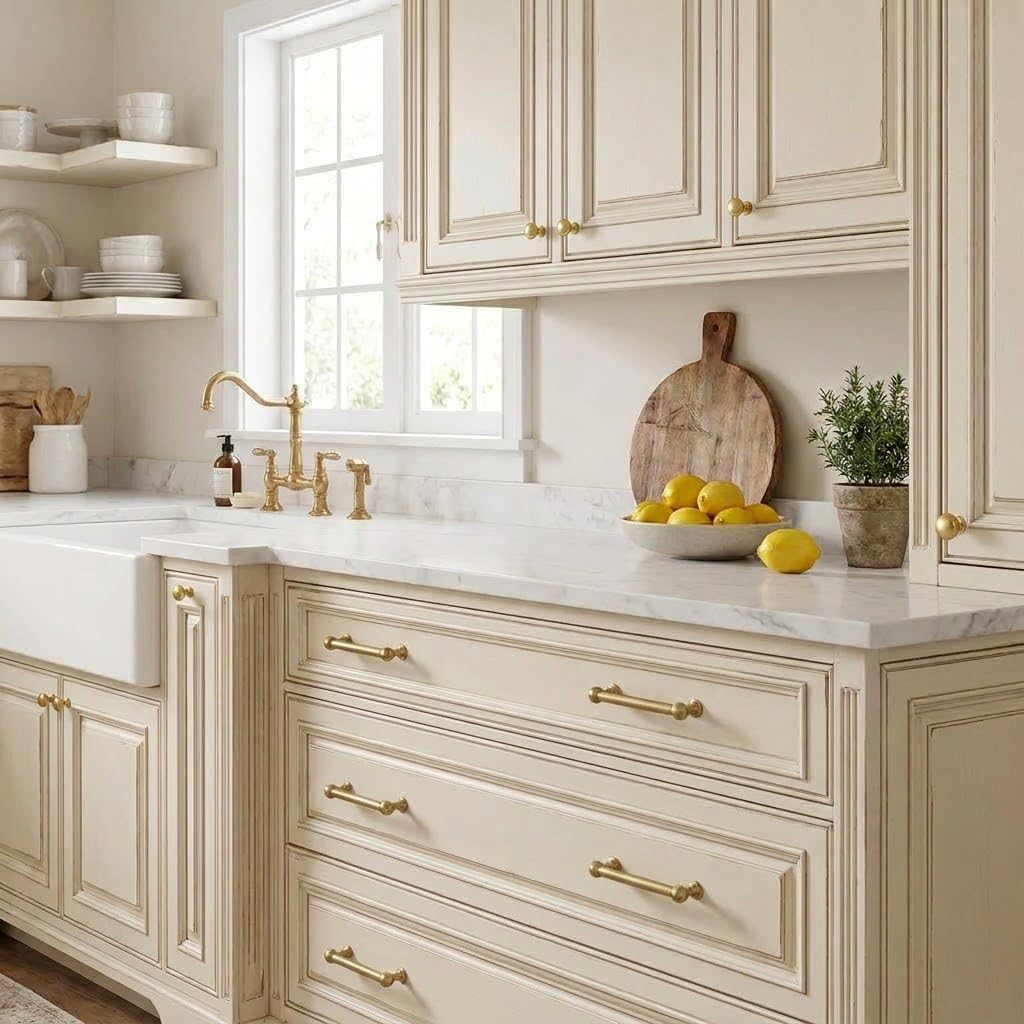 2 Pack 5 Inch Solid Kitchen Cabinet Handles Brushed Brass Heavy Duty Cabinet Pulls Satin Brass Drawer Pulls Cabinet Hardware Kitchen Handles for Cabinets Cupboard Handles