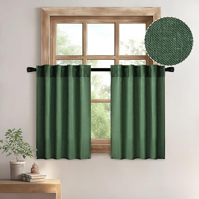 MIULEE Emerald Green Kitchen Curtains 24 Inch Length 2 Panels, Soft Thick Linen by MIULEE