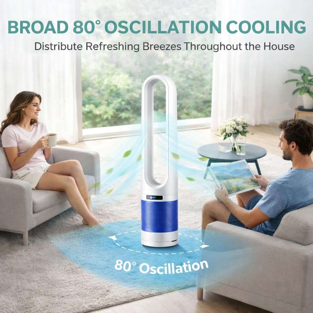 41" Bladeless Tower Fan with Air Filter, 80° Oscillating Standing Fan with Remote Control, 8 Speed Settings, 8H Timer, LED Display Quiet Cooling Fan for Bedroom, Living Room, Office,Blue/White