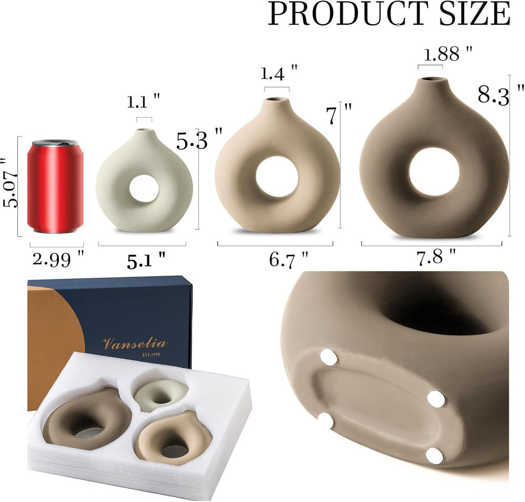 Vanselia Ceramic Vase Home Table Decor - Flower Vases Set of 3 Small Living Room Centerpiece Decorations for Shelf Bedroom Office Kitchen Dining Desk Modern Aesthetic Farmhouse Decorative (Farmhouse)