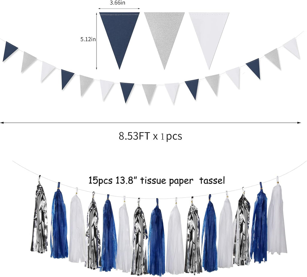 Navy-blue Silver Men-boys Birthday Decorations - 27pcs Party Kits Happy Birthday Banner Flags,40th 50th Birthday Decor Tissue Paper Pom Poms,Tassel Streamers Garland Party supplies Lasting Surprise