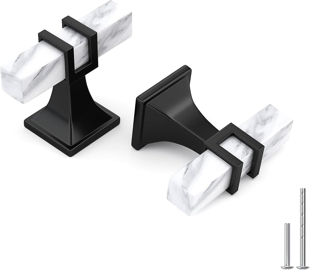 Haliwu 10 Pack White Marble Cabinet Knobs T-bar Solid Black Kitchen Handles