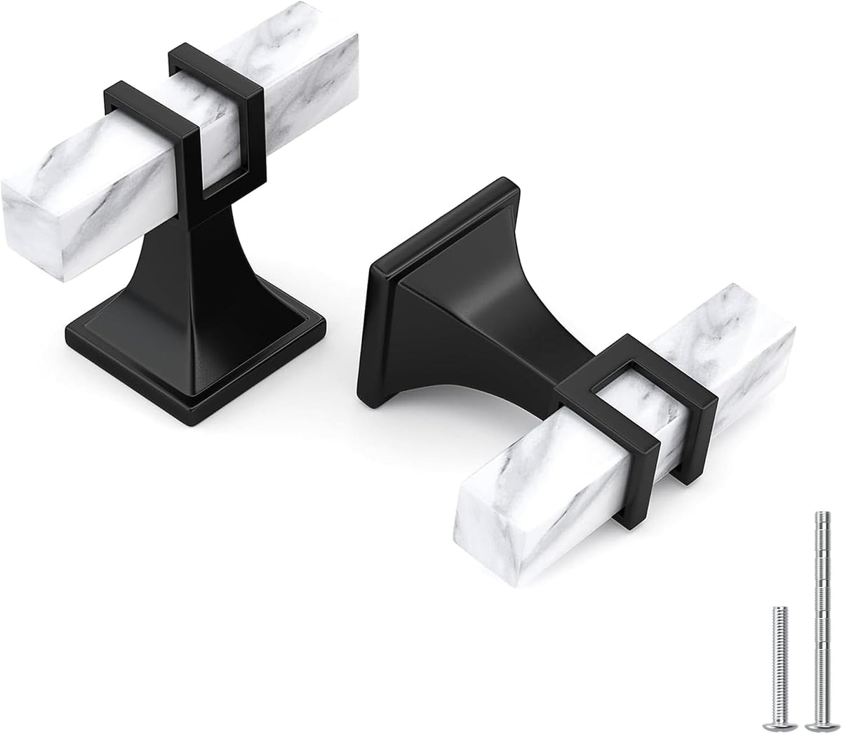 Haliwu 10 Pack White Marble Cabinet Knobs T-bar Solid Black Kitchen Handles