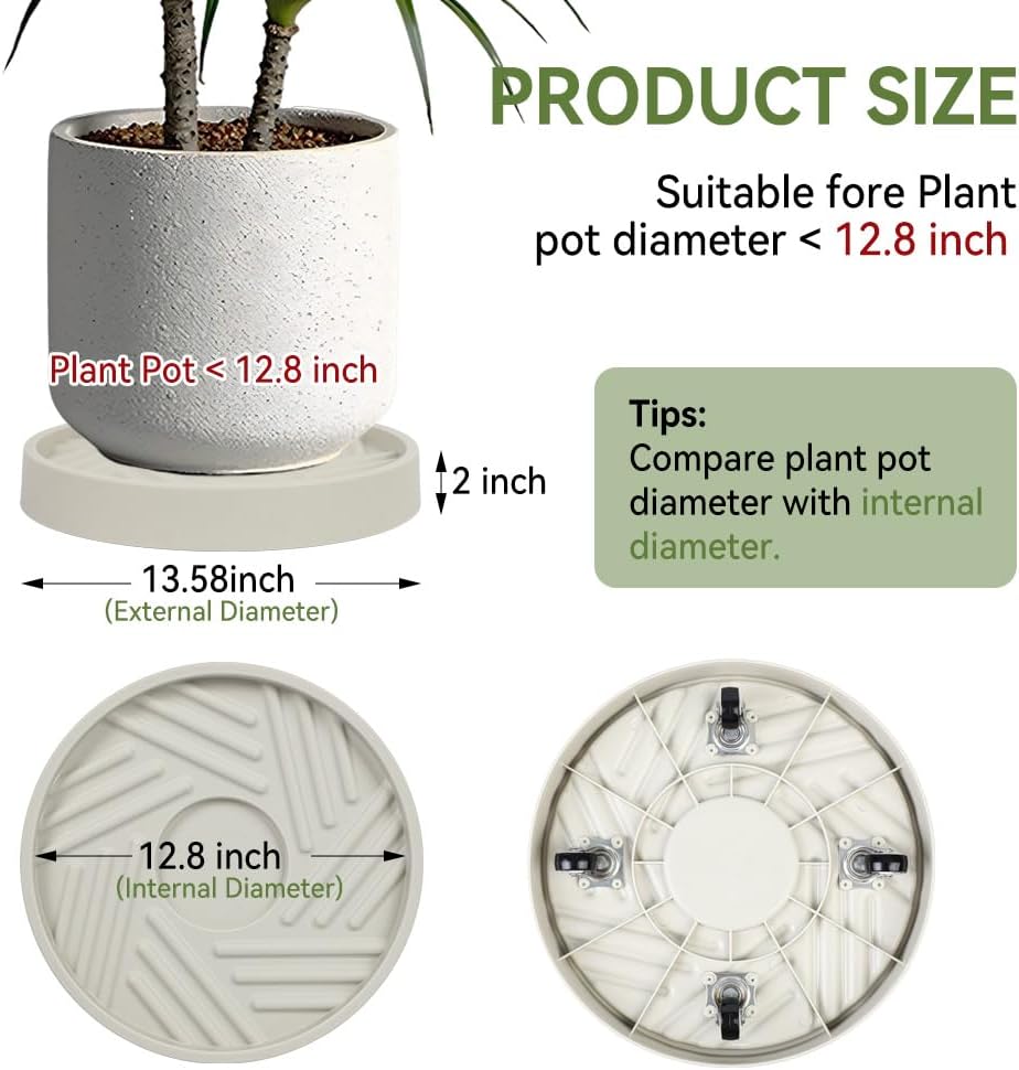1 Pcs Plant Caddy with Wheels 13.5 Inch Hidden Wheels Heavy Duty Rolling Plant Stand, Indoor Outdoor Plant Saucer Tray with $9.9 Garden Tools (Beige)
