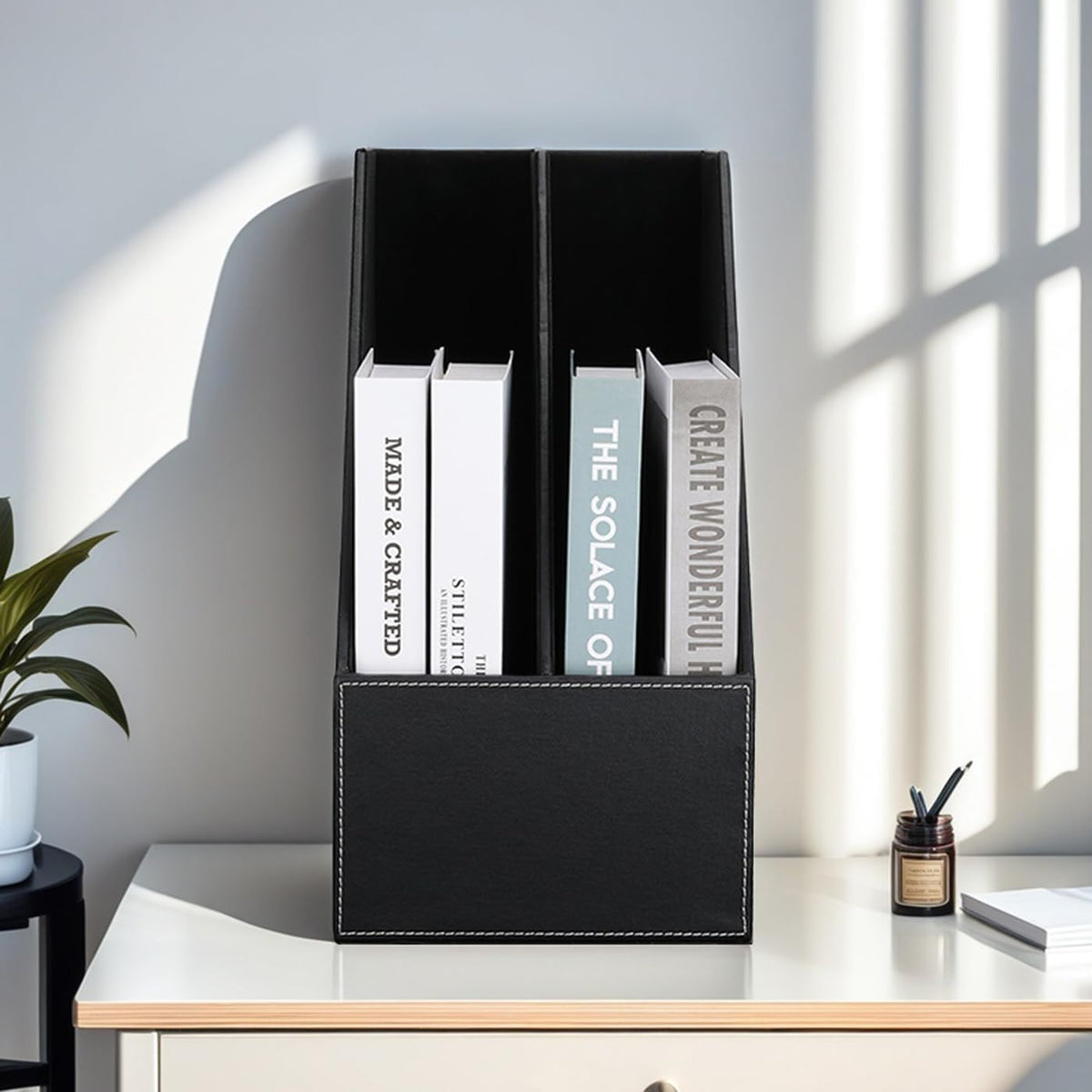 Wooden Leatherette Desktop File Folder Organizer and Document File Stand Journals Magazine Rack 2 Slots (black)