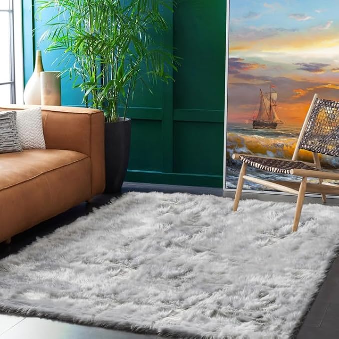 Goolela Grey Sheepskin Area Rug 5x7 Fluffy Fuzzy Furry Carpet - Image 3
