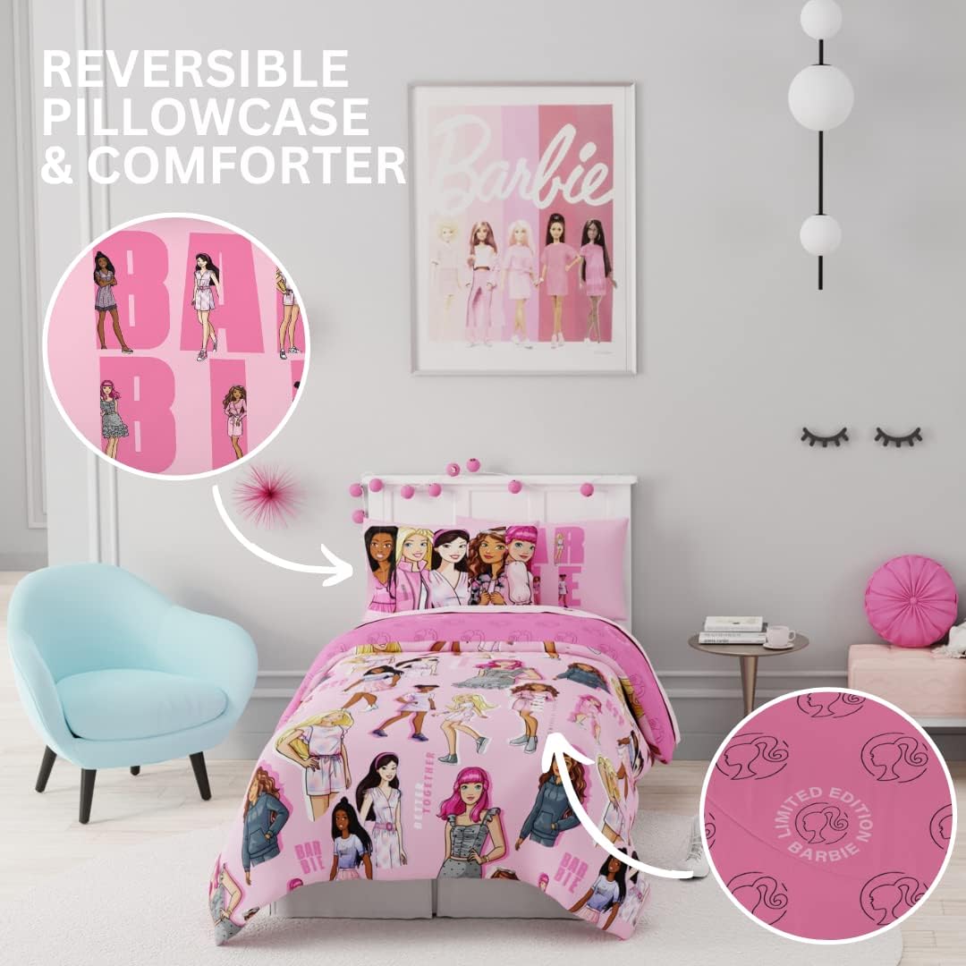 Franco Barbie Barbiecore Bedding Super Soft Comforter and Sheet Set with Sham, 5 Piece Twin Size, College Dorm Essentials (Official Licensed Product)