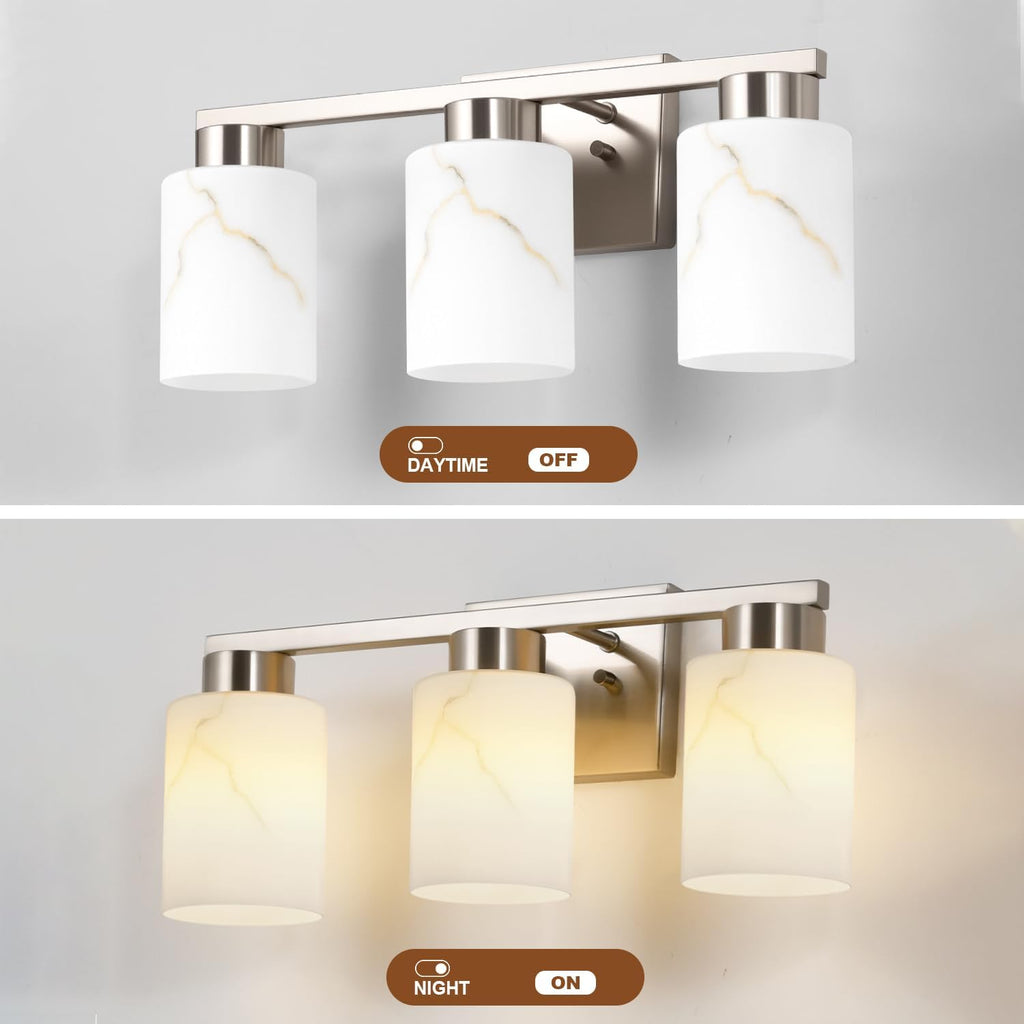 3-Light Bathroom Light Fixtures, Modern Vanity Lights, Brushed Nickel Metal Wall Lamp with White Marble Glass for Bathroom, Mirror, Living Room, Bedroom, Cabinet, Porch, Hallway, E26 Base