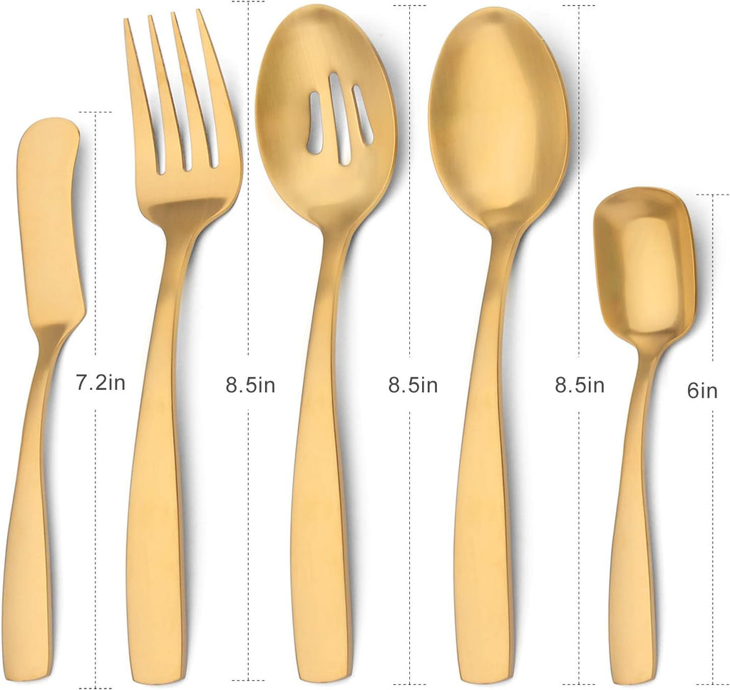 Bysta Serving Utensils Set, Matte Gold 5-Piece Hostess Set, Stainless Steel Silverware Flatware Cutlery Serving Set, Satin Finish, Dishwasher Safe